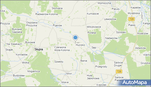 mapa Hucisko, Hucisko gmina Słupia Konecka na mapie Targeo